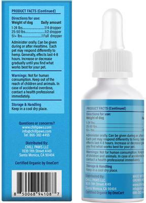 Show full view: Chill Paws Organic 500mg Full Spectrum Hemp Extract Tincture Calming Supplement for Dogs, 1-fl oz bottle slide 4 of 6