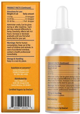 Show full view: Chill Paws Organic 250mg Full Spectrum Hemp Extract Tincture Calming Supplement for Cats, 1-fl oz bottle slide 4 of 5