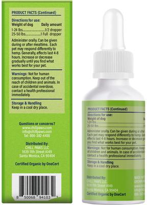 Show full view: Chill Paws Organic 250mg Full Spectrum Hemp Extract Tincture Calming Supplement for Dogs, 1-fl oz bottle slide 4 of 6