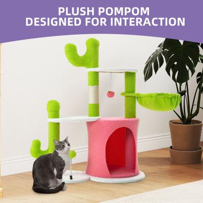 Show full view: Wooflex Indoor 36-in Fleece Cactus Cat Tree & Condo with Scratching Post, Hanging Balls & Basket, Pink slide 5 of 7
