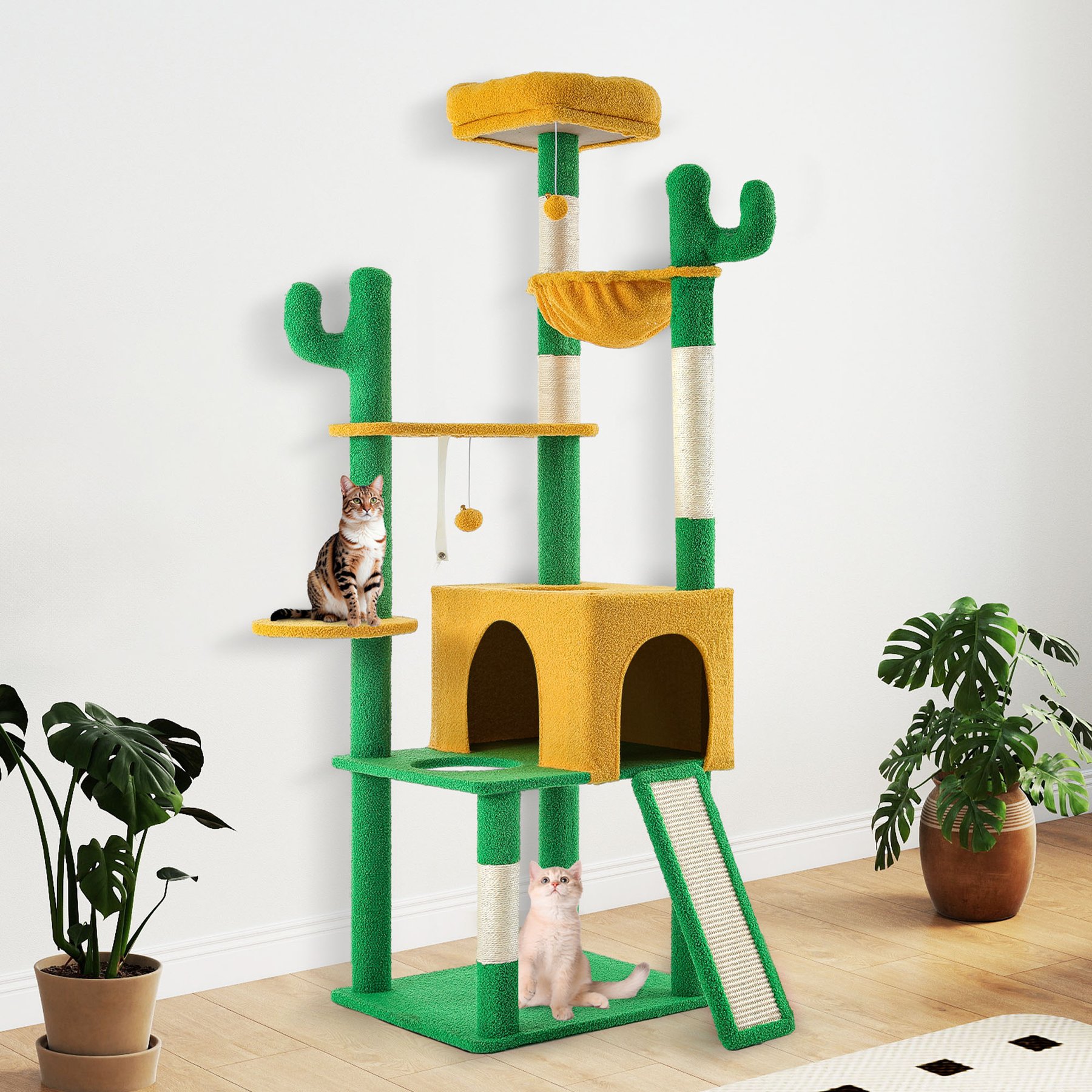 Wooflex Multi-Level Large Indoor 68-in Fleece Cactus Cat Tree & Condo with Sisal Post & Hanging Balls, Yellow