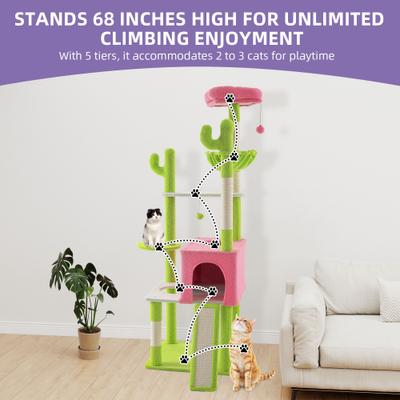 Show full view: Wooflex Multi-Level Large Indoor 68-in Fleece Cactus Cat Tree & Condo with Sisal Post & Hanging Balls, Pink slide 5 of 7