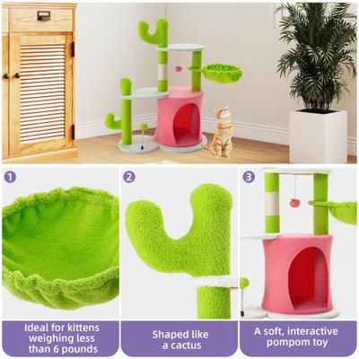 Show full view: Wooflex Indoor 36-in Fleece Cactus Cat Tree & Condo with Scratching Post, Hanging Balls & Basket, Pink slide 3 of 7