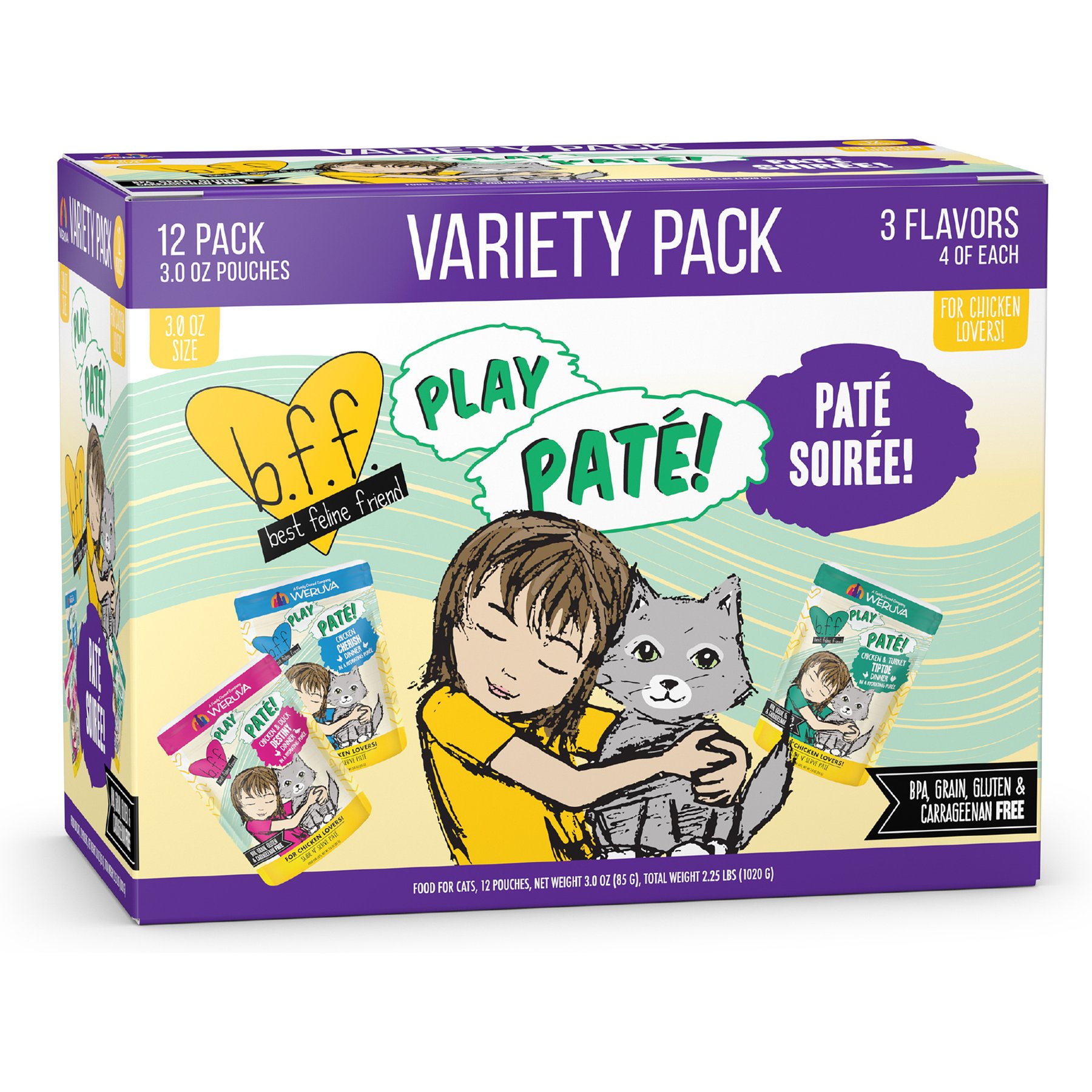 BFF Paté Lovers, Aw Yeah! Paté Soiree! Variety Pack Grain-Free Wet Cat Food, 2.8-oz pouch, case of 12