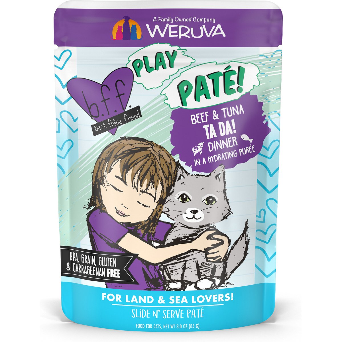 BFF Play Pate Lovers Beef & Tuna Ta Da Wet Cat Food, 3-oz pouch, pack of 12