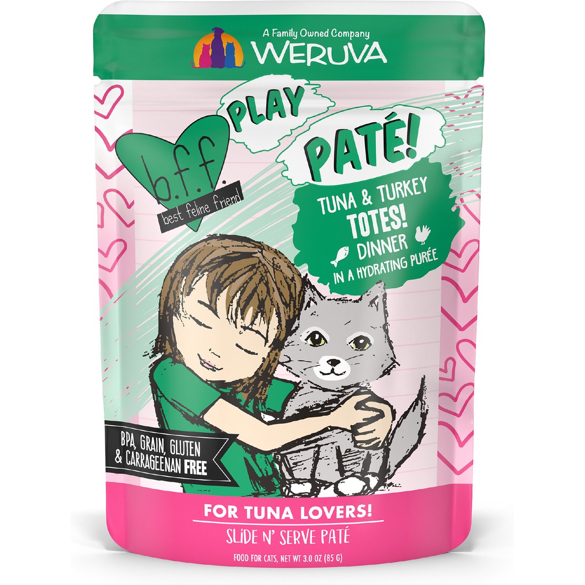 BFF Play Pate Lovers Tuna & Turkey Totes Wet Cat Food, 3-oz pouch, pack of 12