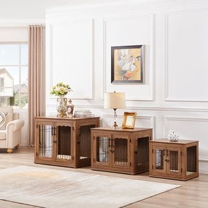 Unipaws Wooden Wire Furniture End Table Dog Crate, Walnut, Small