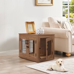 Unipaws Wooden Wire Furniture End Table Dog Crate, Walnut, Small