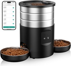 Casfuy WiFi Timed Dry Food Dispenser Stainless Steel Automatic Two Bowl Cat Feeder, 5-L