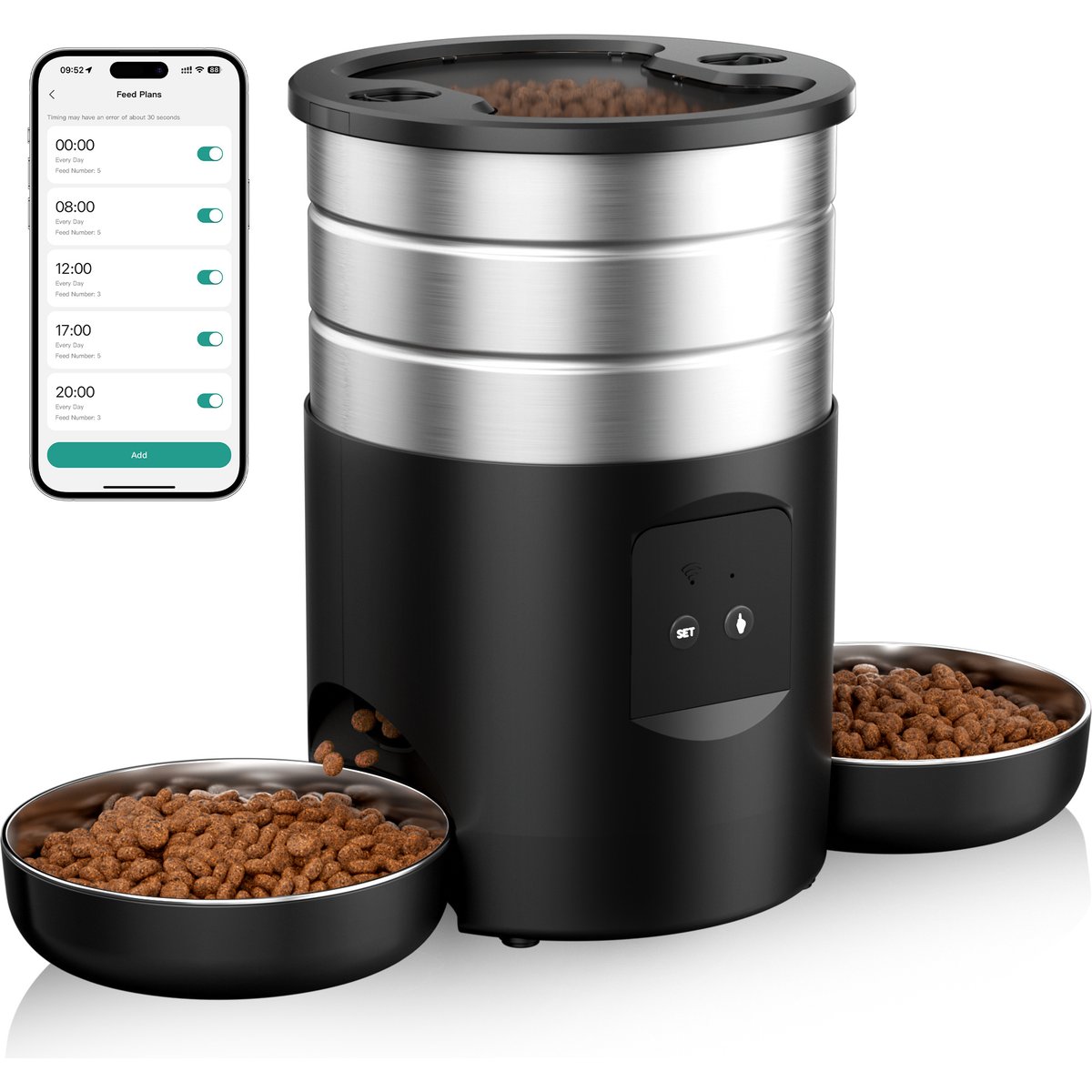 Casfuy WiFi Timed Dry Food Dispenser Stainless Steel Automatic Two Bowl Cat Feeder, 5-L
