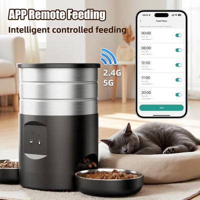 Show full view: Casfuy WiFi Timed Dry Food Dispenser Stainless Steel Automatic Two Bowl Cat Feeder, 5-L slide 5 of 8