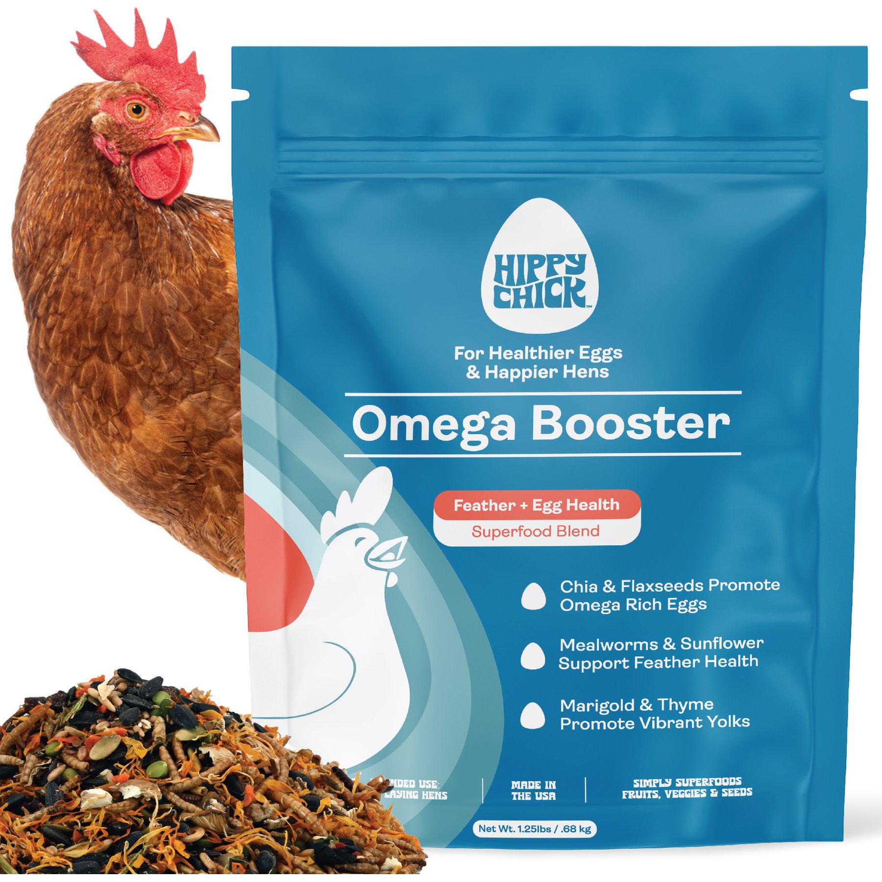 Hippy Chick Omega 3 Booster Egg & Feather Support Supplement for Chicken & Laying Hens, 1.25-lb bag