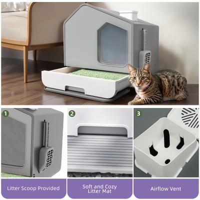 Show full view: Wooflex Enclosed Cat Litter Box with Mat & Scoop, X-Large: 15.1 x 19.3 x 15.5-in, Gray slide 4 of 8