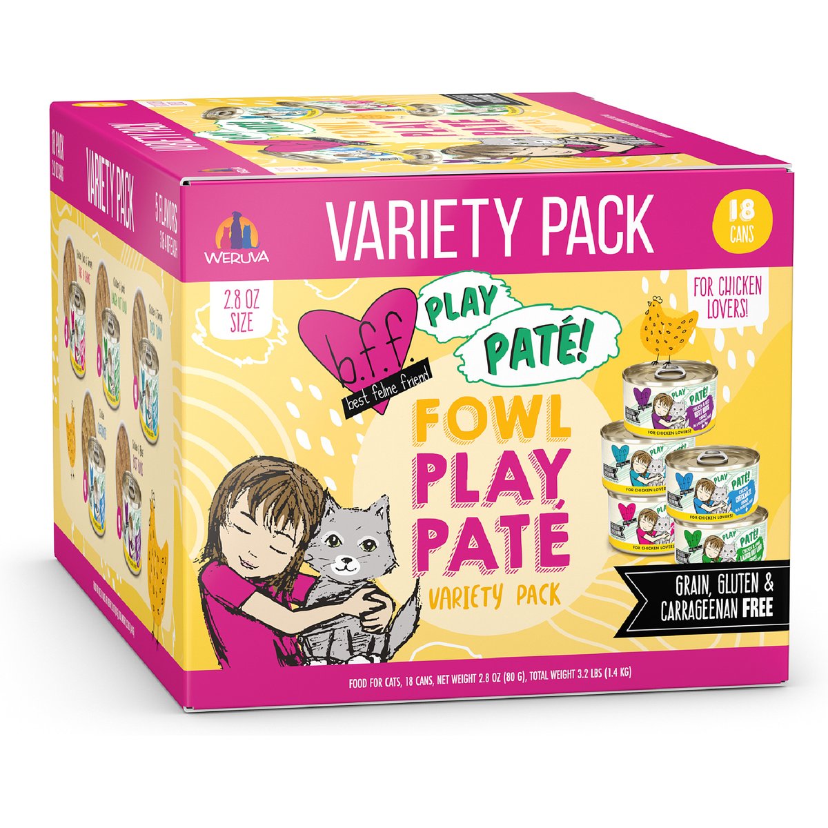 BFF PLAY Best Feline Friend Pate Lovers, Aw Yeah! Fowl Play Yellow Pates Variety Pack Wet Cat Food, 2.8-oz can, case of 18