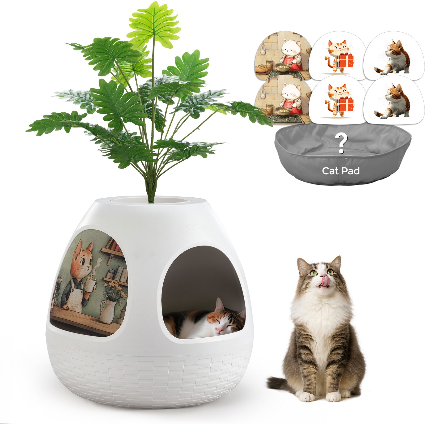 Coziwow Copod8 3-in-1 Hidden Cat Cave Condo with Plant & Scratchers, Medium, White