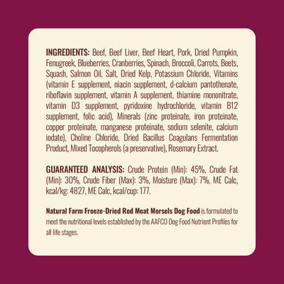 Show full view: Natural Farm Beef Morsels Grain-Free Freeze-Dried Dog Food, 8-oz bag slide 10 of 11