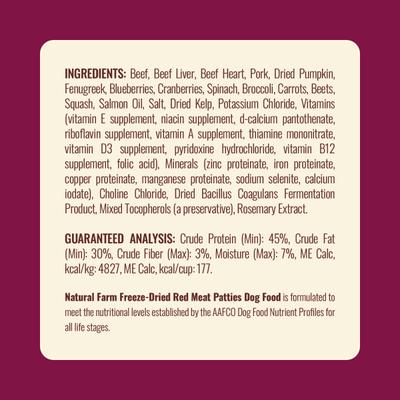 Show full view: Natural Farm Beef Patties Grain-Free Freeze-Dried Dog Food, 14-oz bag slide 9 of 11