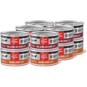 ORIJEN Premium Original Entrees Variety Pack Tuna Salmon & Beef Pate Wet Cat Food, 3-oz can, case of 12