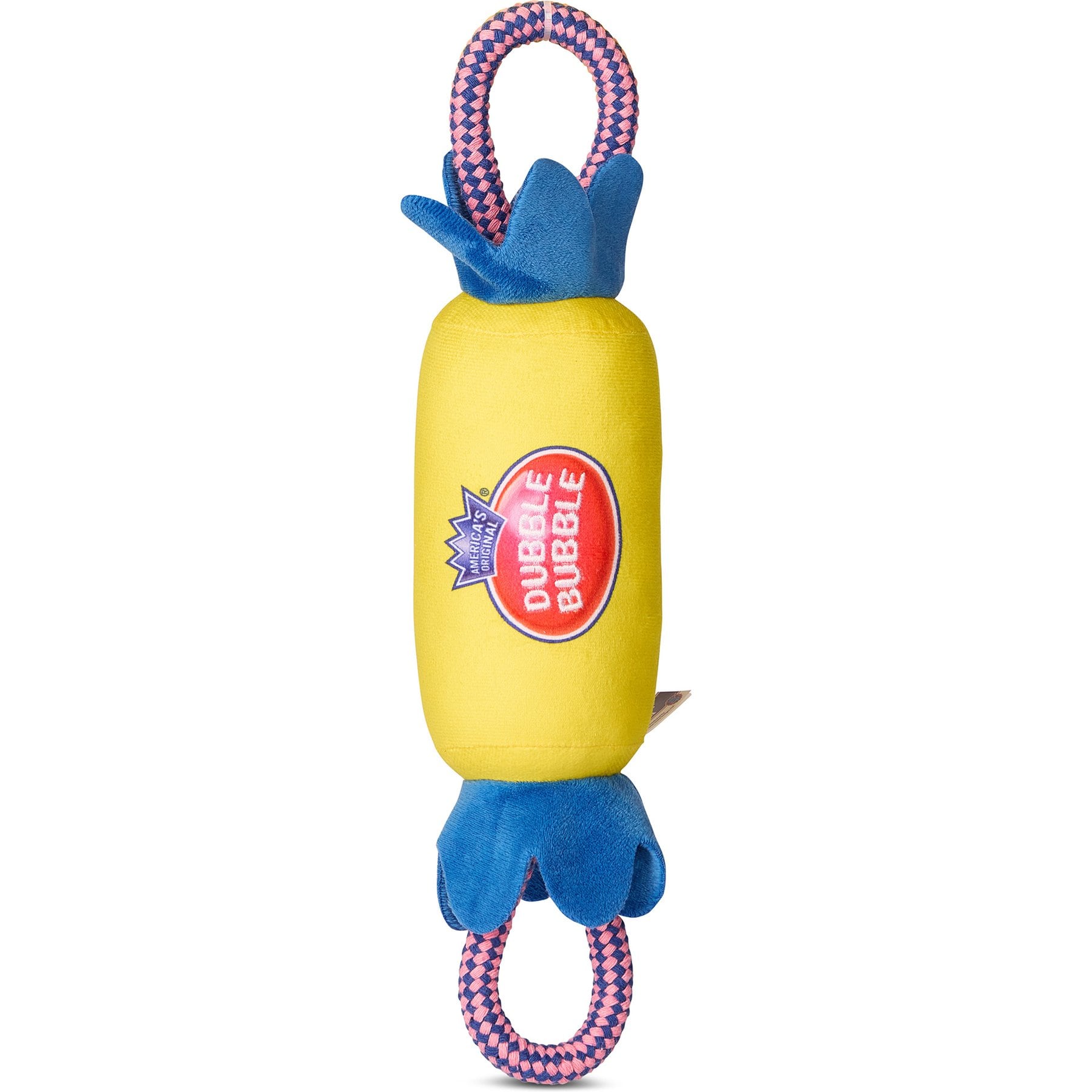 Dubble Bubble Candy Wrapper with Rope Handles Squeaky Dog Plush Toy