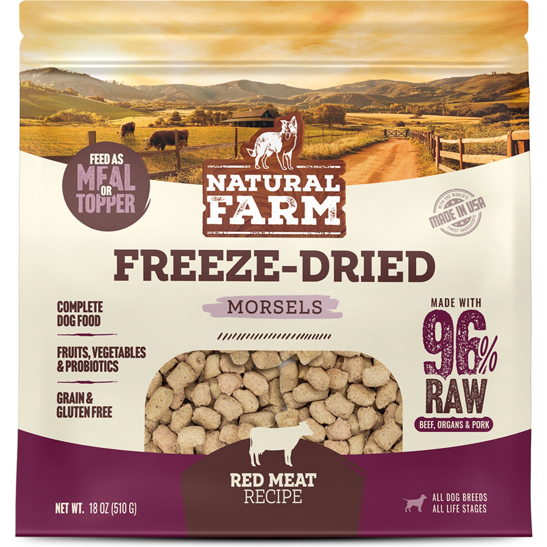 Natural Farm Beef Morsels Grain-Free Freeze-Dried Dog Food, 36-oz bundle