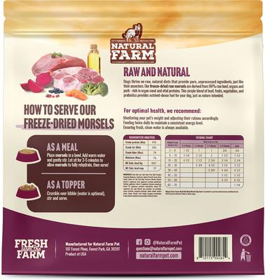 Show full view: Natural Farm Beef Morsels Grain-Free Freeze-Dried Dog Food, 3.5-oz bag slide 3 of 11