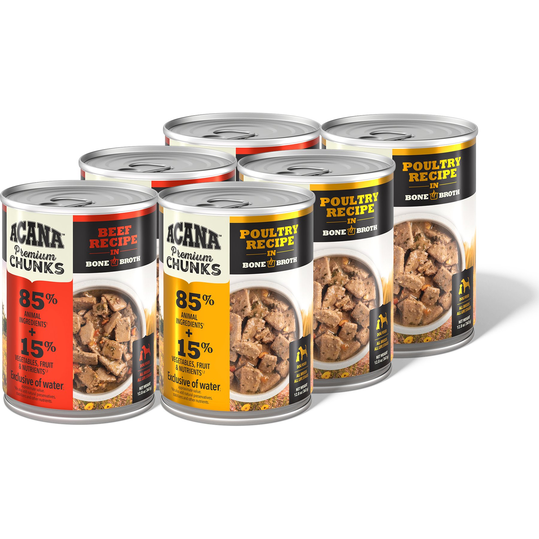 ACANA Premium Beef & Poultry Chunks in Bone Broth Variety Pack Grain-Free Wet Dog Food, 12.8-oz cans, case of 6