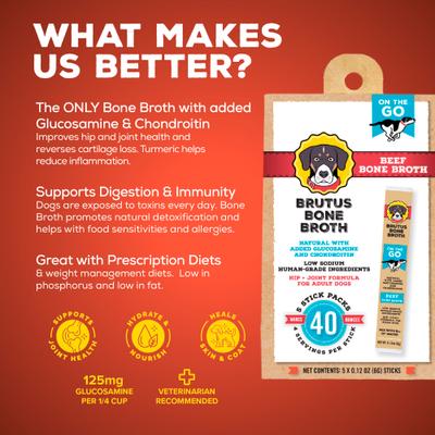 Show full view: Brutus Broth Beef Bone Broth Powder Hip & Joint with Glucosamine On-the-Go Dog Food Topper, 5 count​ slide 3 of 12