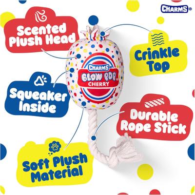 Show full view: Blow Pop Cherry Scented Squeaky Dog Plush & Rope Toy, Medium slide 3 of 10