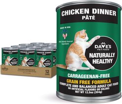 Dave's Pet Food Naturally Healthy Chicken Dinner Formula Pate Grain-Free Canned Wet Cat Food, 12.5-oz can, case of 12
