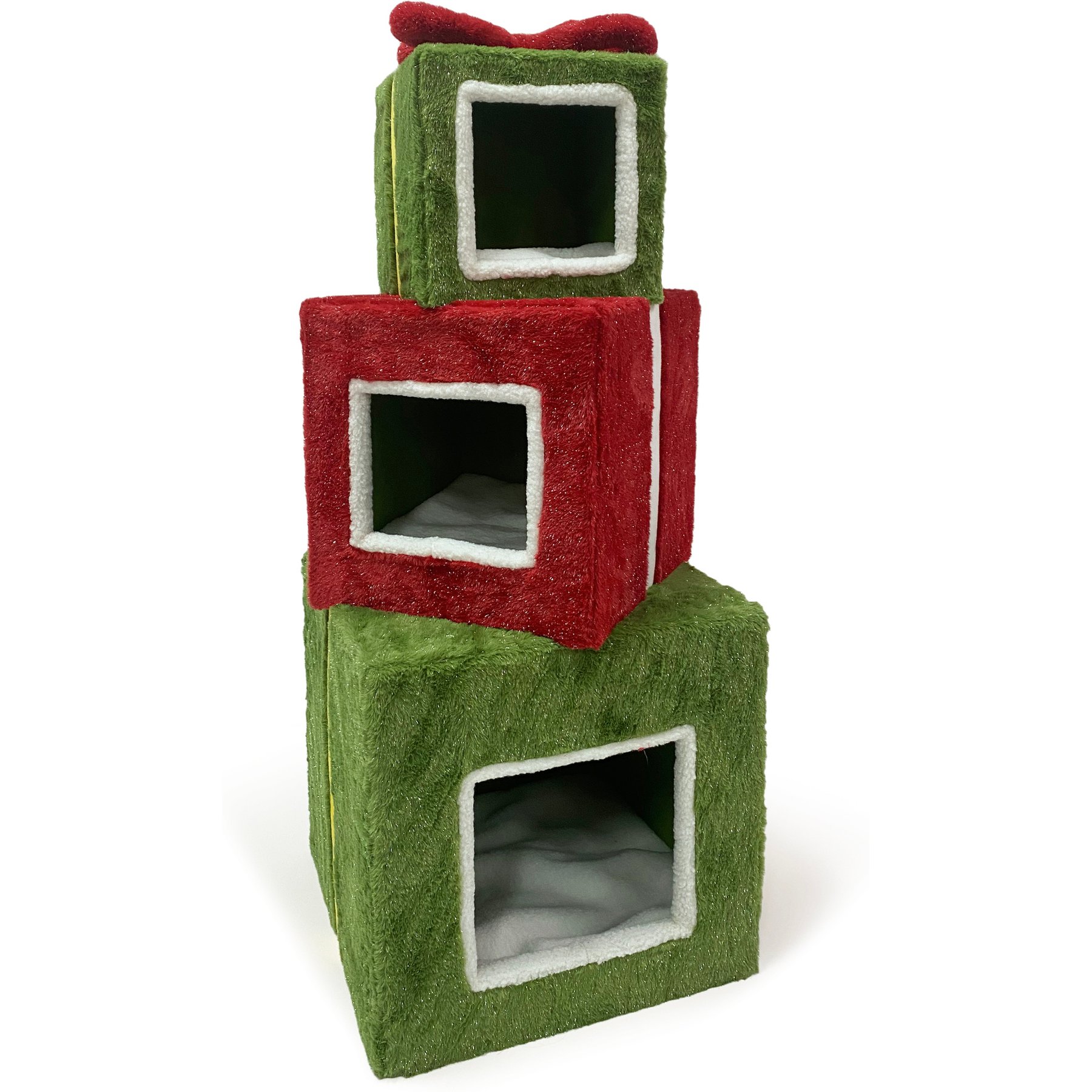 Prevue Pet Products Christmas Gift Stack Cat Hideaway, Green/Red/White Trim