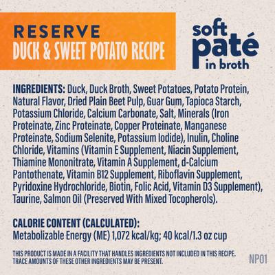 Show full view: Natural Balance Reserve Split Cup Duck & Sweet Potato Recipe Limited Ingredient Soft Pate in Broth Wet Cat Food, 2.6-oz cup, case of 10 slide 8 of 11