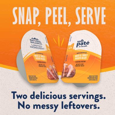 Show full view: Natural Balance Reserve Split Cup Duck & Sweet Potato Recipe Limited Ingredient Soft Pate in Broth Wet Cat Food, 2.6-oz cup, case of 10 slide 4 of 11