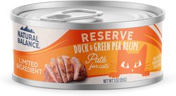 Natural Balance Reserve Duck & Green Pea Recipe Limited Ingredient Pate Canned Wet Cat Food, 3-oz can, case of 24