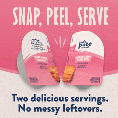 Show full view: Natural Balance Split Cup Salmon & Sweet Potato Recipe Limited Ingredient Soft Pate in Broth Wet Cat Food, 2.6-oz cup, case of 10 slide 4 of 11
