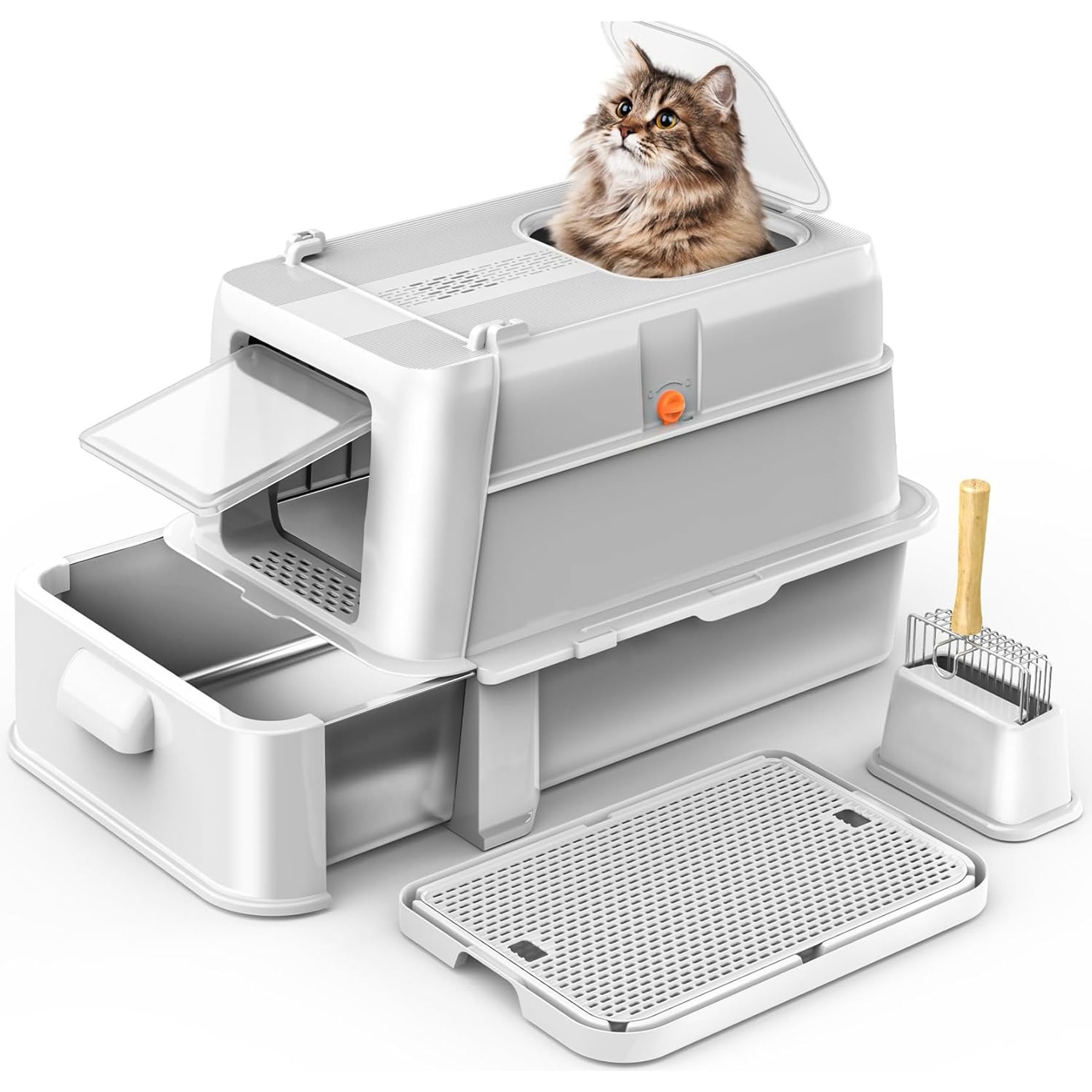 Aphyxen Enclosed Stainless Steel Cat Litter Box with Lid, X-Large, Light Grey