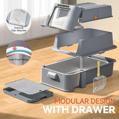 Show full view: NEEZUKAR Enclosed Stainless Steel Cat Litter Box with Drawer & Flip Door, Dark Grey slide 6 of 7