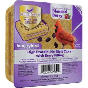 Backyard Specialty Pet Foods Hungrybird Energy High Protein Berry Filling No-Melt Suet Cake Songbird Food, 12-oz box
