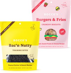 Bocce's Bakery Burgers & Fries Beef, Sweet Potatoes & Cheese Dog Treats, 5-oz bag + Bac'n Nutty PB & Bacon Training Bites Dog Treats, 6-oz bag
