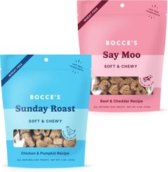 Bocce's Bakery Say Moo Beef & Cheddar Recipe Soft & Chewy Dog Treats, 6-oz bag + Sunday Roast Chicken & Pumpkin Recipe Soft & Chewy Dog Treats, 6-oz bag