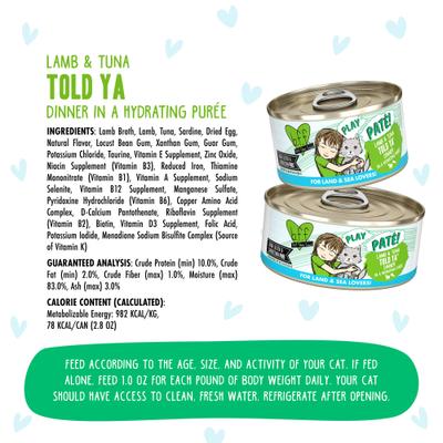 Show full view: BFF Play Pate Lovers Lamb & Tuna Told Ya Wet Cat Food, 2.8-oz can, pack of 12 slide 5 of 12