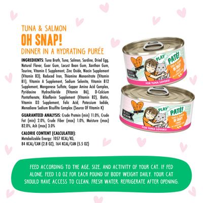 Show full view: BFF Play Pate Lovers Oh Snap! Tuna & Salmon Grain-Free Wet Cat Food, 5.5-oz can, pack of 8 slide 5 of 13