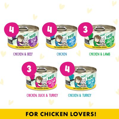 Show full view: BFF PLAY Best Feline Friend Pate Lovers, Aw Yeah! Fowl Play Yellow Pates Variety Pack Wet Cat Food, 2.8-oz can, case of 18 slide 6 of 12