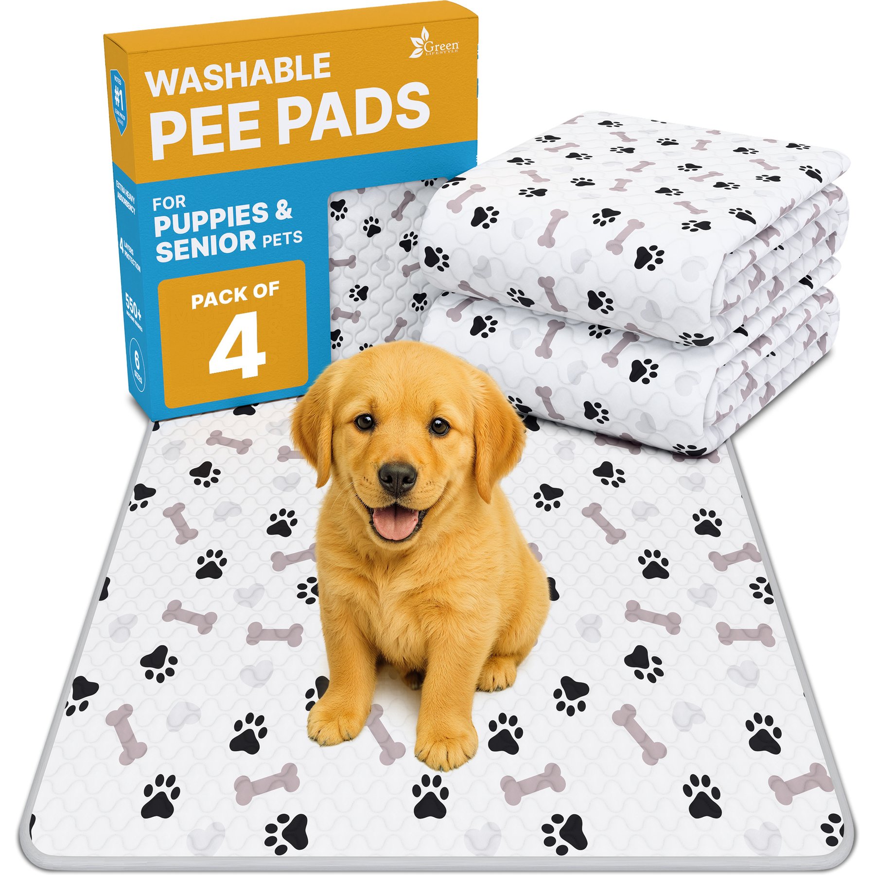 Green Lifestyle Printed Reusable Cat & Dog Pee Pads, Blue & White, 30 x 34-in, 4 count