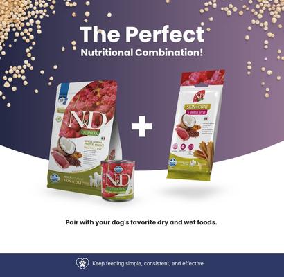Show full view: Farmina N&D Pumpkin Chicken, Pumpkin, & Pomegranate Medium & Maxi Dental Dog Treats, 3.5-oz bag, 7-count slide 7 of 8
