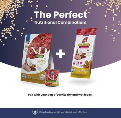 Show full view: Farmina N&D Quinoa Skin & Coat Duck Medium & Maxi Dental Dog Treats, 3.5-oz bag, 7-count slide 7 of 8