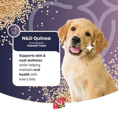 Show full view: Farmina N&D Quinoa Skin & Coat Quail Medium & Maxi Dental Dog Treats, 3.5-oz bag, 7-count slide 3 of 8