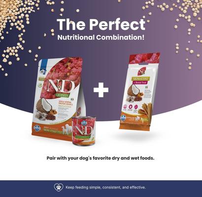 Show full view: Farmina N&D Quinoa Skin & Coat Venison Medium & Maxi Dental Dog Treats, 3.5-oz bag, 7-count slide 7 of 8