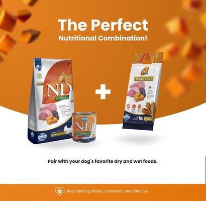 Show full view: Farmina N&D Pumpkin Lamb, Pumpkin, & Blueberry Mini Dental Dog Treats, 2.1-oz bag, 7-count slide 6 of 7