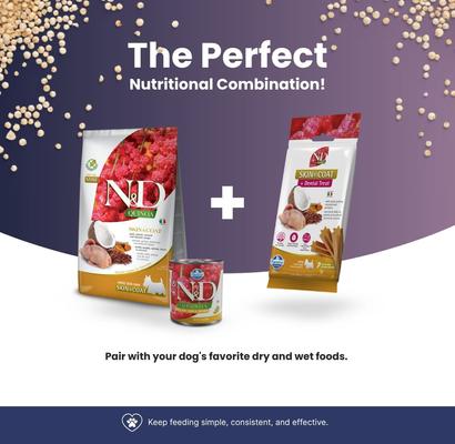 Show full view: Farmina N&D Quinoa Skin & Coat Duck Mini Dental Dog Treats, 2.1-oz bag, 7-count slide 7 of 8