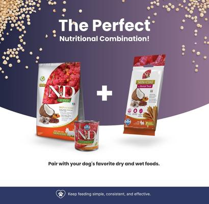 Show full view: Farmina N&D Quinoa Skin & Coat Venison Mini Dental Dog Treats, 2.1-oz bag, 7-count slide 7 of 8